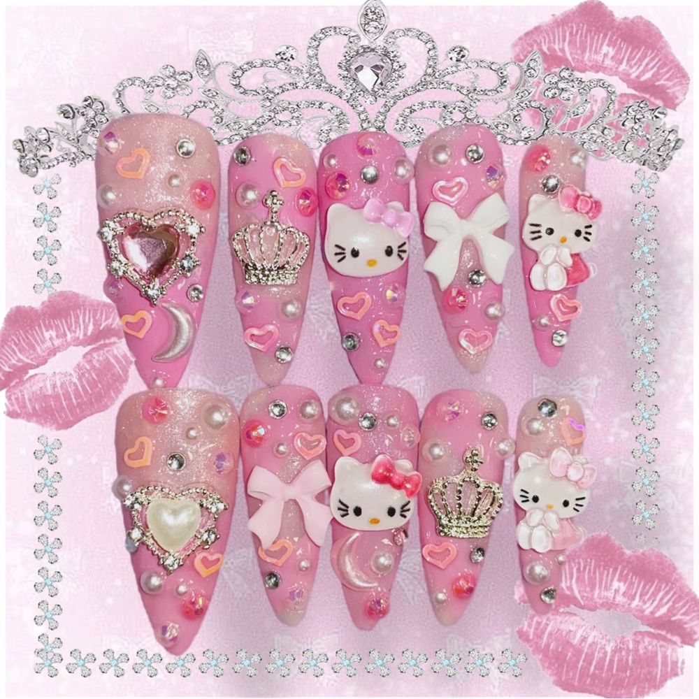 Pink princess hello kitty bling bow nails